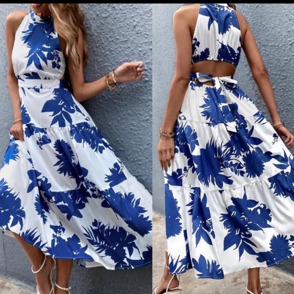 Boho Floral, High-Collared, Back Cut-Out Dress (M002)